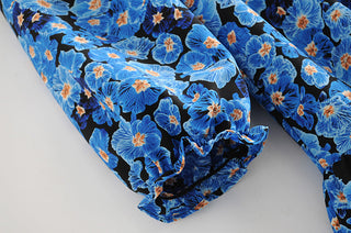 Vintage Blue Floral Print Dress Women Lantern Sleeve Square Neck A-line Dress Modern Female Holiday Summer Mini Chiffon Dress ALODIA STORE