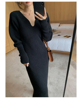 Elegant Long White Knitting Dress Women Winter V-Neck Long ALODIA STORE