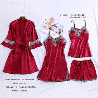 4PCS Satin Sleepwear Lady Pajamas Suit Nighty&amp;Robe Set Sexy Intimate Lingerie Casual Bridal Wedding Gift Homewear Nightgown ALODIA STORE