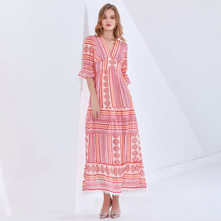 TWOTWINSTYLE Print Vintage Spring Dress For Women V Neck Half Sleeve High Waist Elegant Maxi Dresses Female Fashion New Clothes ALODIA STORE