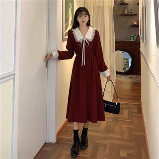Vintage Dress Women Sweet Lace Peter Pan Collar French Elegant Long Sleeve Lace-Up Fairy One Piece Dress Korean 2021 Autumn Chic ALODIA STORE