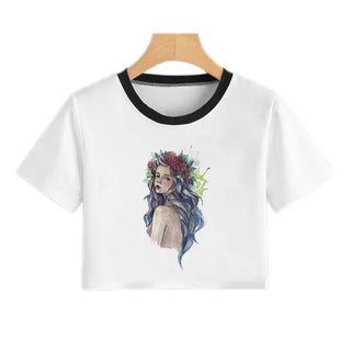 Summer Fashion Harajuku Sexy Tank Crop Top White Femme Clothes Women Cute Flower Season Girl Printed Croptop Short Sleeve ALODIA STORE