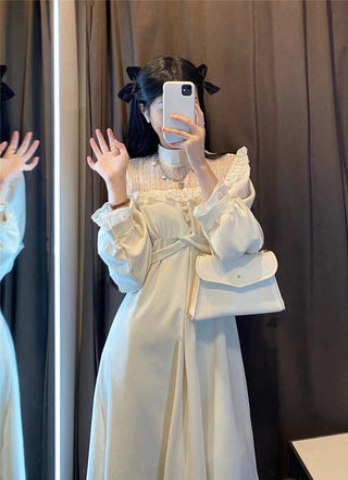 French Lace Vintage Dress Puffer Sleeve ALODIA STORE