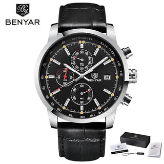 BENYAR Brand Sport Men Watch Top Brand Luxury Male Leather Waterproof Chronograph Quartz Military Wrist Watch Men Clock saat ALODIA STORE