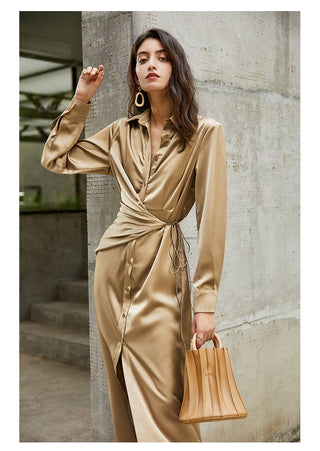 AEL lace up satin robe dress casual loose ladies Single breasted long shirt dress ALODIA STORE