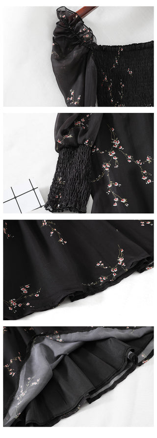 Sexy Black Dress Vintage Flower Long Puff Sleeve Chiffon Dresses ALODIA STORE