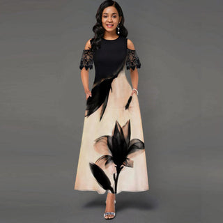 Fashion Vintage Long Dress Women Sexy Lace Short Sleeve Off-shoulder O-neck Party Dress 2021 Summer Floral Printed Elegant Dress ALODIA STORE
