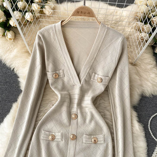 Women Knitted Pencil Dress Korean Long Sleeve V Neck Elastic Slim Dress ALODIA STORE