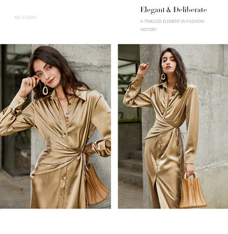 AEL lace up satin robe dress casual loose ladies Single breasted long shirt dress ALODIA STORE