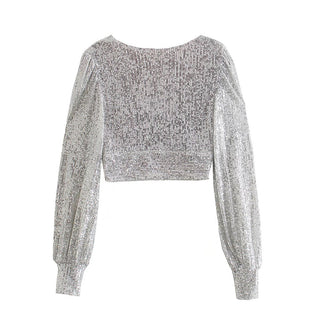 Elegant Women Sequined Tops 2021 Spring Fashion Ladies Vintage Silver Top Party Female Sexy V-Neck Tops Femme Girls Chic Clothes ALODIA STORE