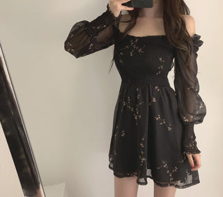 Sexy Black Dress Vintage Flower Long Puff Sleeve Chiffon Dresses ALODIA STORE