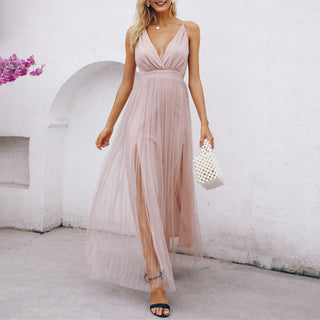 BerryGo Strap striped mesh lace split women dress Sexy deep v neck backless maxi dress Autumn winter long party dress vestidos ALODIA STORE