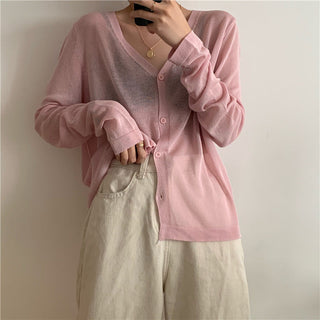 Cardigan Women Korean Long Sleeve Cardigan Summer Cropped Cardigan Knitted V-Neck Thin Ice Silk Sweaters Sunscreen Shirt Tops ALODIA STORE