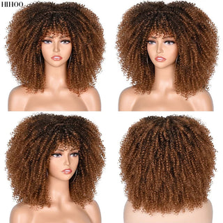 Short Afro Kinky Curly Wig With Bangs For Black Women Cosplay Lolita Natural Hair Ombre Mixed Brown Synthetic African Wigs ALODIA STORE