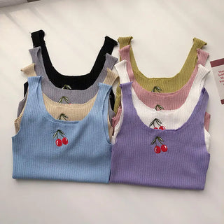 Cherries Embroidery Sleeveless Ropa Para Mujer Cropped Black Top Knitted Tank White Ribbed Camis Purple Croptop Womens Clothes ALODIA STORE