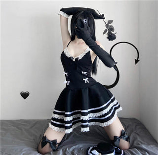 Woman Sexy Lingerie Maid Cosplay Costumes Cute Black Dress and Thong Anime School Girl Gothic Outfit with Hat and Glove ALODIA STORE