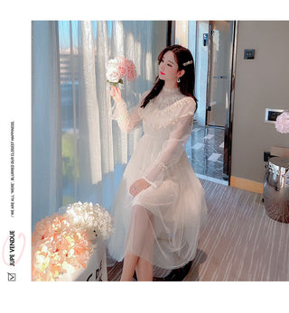 2022 Brand New Women Romantic Tulle Dress Stand Collar Beading Tassels Ruffles Long Sleeve Mesh Dress Cute Mid Dress Vestidos ALODIA STORE