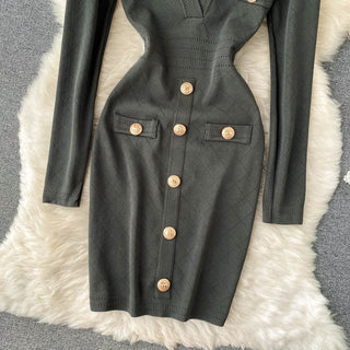 Women Knitted Pencil Dress Korean Long Sleeve V Neck Elastic Slim Dress ALODIA STORE