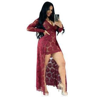 Adogirl Embroidery Floral Lace Dress Women Sexy See Through Long Sleeve Bodycon Women Dress Vintage Club Wear Party Dress Robe ALODIA STORE