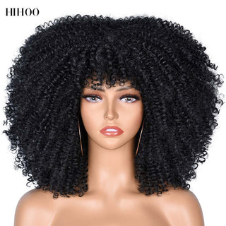 Short Afro Kinky Curly Wig With Bangs For Black Women Cosplay Lolita Natural Hair Ombre Mixed Brown Synthetic African Wigs ALODIA STORE