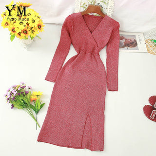 YuooMuoo Ins Fashion Shining V Neck Knitted Dress Women ALODIA STORE
