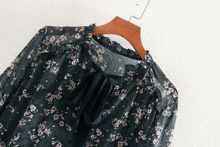 Aachoae Women Ruffle Bow Tie Mini Floral Print Dress Vintage Long Sleeve Casual Loose Pleated Dress Ruffles Party Dress Vestidos ALODIA STORE