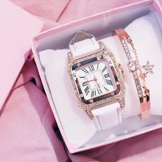 Women Diamond Watch Starry Square Dial Bracelet Watches Set Ladies Leather Band Quartz Wristwatch Female Clock Zegarek Damski ALODIA STORE