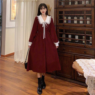 Vintage Dress Women Sweet Lace Peter Pan Collar French Elegant Long Sleeve Lace-Up Fairy One Piece Dress Korean 2021 Autumn Chic ALODIA STORE