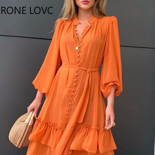 Women Ruffles Frill Hem Lantern Sleeve Button Front Dress Casual Dress Summer Dress ALODIA STORE