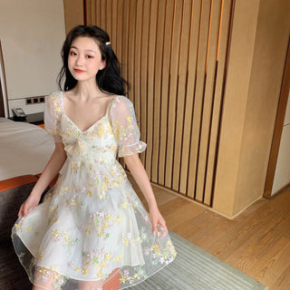 French Floral Dress Women Sexy Puff Sleeve Lace Chiffon Print Mini Dress Women Summer Korean Style Vintage Fairy Dress New 2023 ALODIA STORE