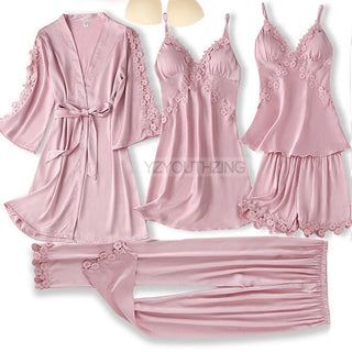 5PCS Robe Suit Satin Women Nightwear Lace Kimono Gown Bridal Wedding Bathrobe Set Sexy Pajamas V-Neck Sleepwear Lounge Lingerie ALODIA STORE