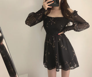 Sexy Black Dress Vintage Flower Long Puff Sleeve Chiffon Dresses ALODIA STORE