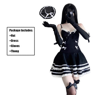 Woman Sexy Lingerie Maid Cosplay Costumes Cute Black Dress and Thong Anime School Girl Gothic Outfit with Hat and Glove ALODIA STORE