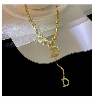 Design Sense Micro Setting Zircon D Letter Pendant Long Necklace Winter Sweater Chain Fashion Jewelry For Woman Girls Party Gift ALODIA STORE
