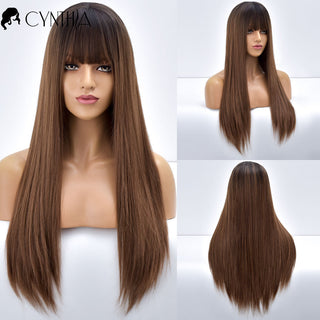 Blonde Ombre Long Straight Gold Synthetic Wig With Bangs For Black White Women Heat Resistant Fiber Daily Hair Cosplay Wigs ALODIA STORE