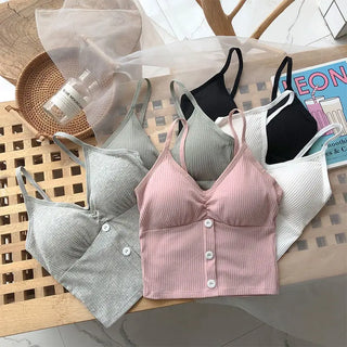 Women Camisole Fashion Wild Solid Color Sling Tank Top Summer New Button V-neck Cotton Vest With Removable Chest Pad ALODIA STORE