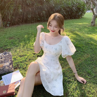 Summer Elegant Puff Sleeve French Floral Print Mini Dress Japan Style Kawaii Dress Women 2023 ALODIA STORE