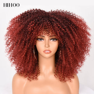 16''Short Hair Afro Kinky Curly Wig With Bangs For Black Women Cosplay Lolita Synthetic Natural Glueless Brown Mixed Blonde Wigs ALODIA STORE