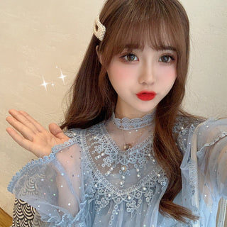 2022 Brand New Women Romantic Tulle Dress Stand Collar Beading Tassels Ruffles Long Sleeve Mesh Dress Cute Mid Dress Vestidos ALODIA STORE