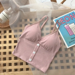 Women Camisole Fashion Wild Solid Color Sling Tank Top Summer New Button V-neck Cotton Vest With Removable Chest Pad ALODIA STORE