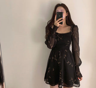 Sexy Black Dress Vintage Flower Long Puff Sleeve Chiffon Dresses ALODIA STORE