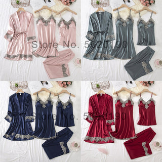 4PCS Satin Sleepwear Lady Pajamas Suit Nighty&amp;Robe Set Sexy Intimate Lingerie Casual Bridal Wedding Gift Homewear Nightgown ALODIA STORE
