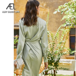 AEL lace up satin robe dress casual loose ladies Single breasted long shirt dress ALODIA STORE