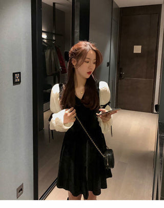 Vintage Mini Dress Lolita Women 2023 Autumn Lace Bow Velvet Evening Party Dress Female Y2k Casual Kawaii One Piece Dress Korean ALODIA STORE
