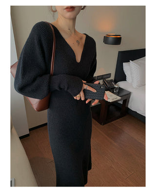 Elegant Long White Knitting Dress Women Winter V-Neck Long ALODIA STORE