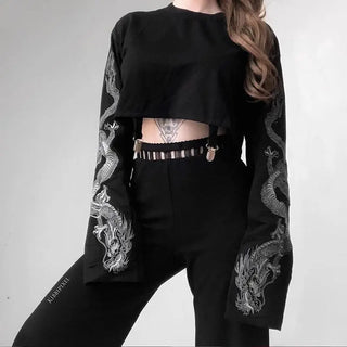 Vintage Long Sleeve Crop Top for Women Short T Shirt Aesthetic Tshirt Croptop Japanese Traditional Dragon Print Graphic Clothes ALODIA STORE