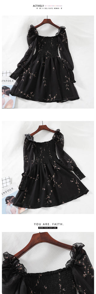 Sexy Black Dress Vintage Flower Long Puff Sleeve Chiffon Dresses ALODIA STORE