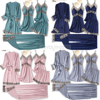 5PCS Robe Suit Satin Women Nightwear Lace Kimono Gown Bridal Wedding Bathrobe Set Sexy Pajamas V-Neck Sleepwear Lounge Lingerie ALODIA STORE