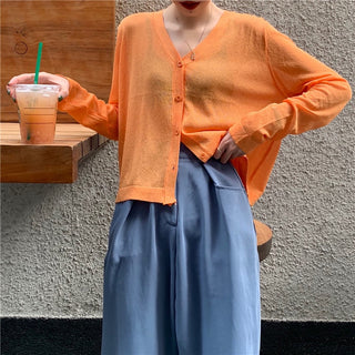 Cardigan Women Korean Long Sleeve Cardigan Summer Cropped Cardigan Knitted V-Neck Thin Ice Silk Sweaters Sunscreen Shirt Tops ALODIA STORE