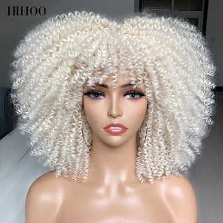 Short Afro Kinky Curly Wig With Bangs For Black Women Cosplay Lolita Natural Hair Ombre Mixed Brown Synthetic African Wigs ALODIA STORE